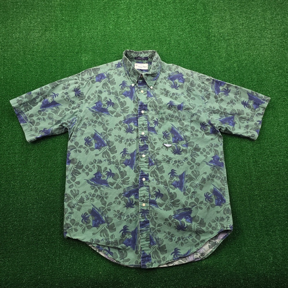 Tommy Hilfiger Island Paradise Shirt Mens Large Green Blue Floral Hawaiian Beach